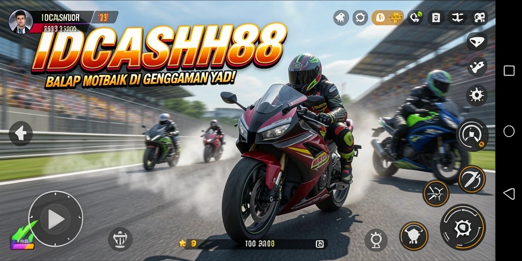 Tampilan gameplay yang mendebarkan dari <strong>IDCASH88</strong>, menunjukkan aksi balap motor yang seru.