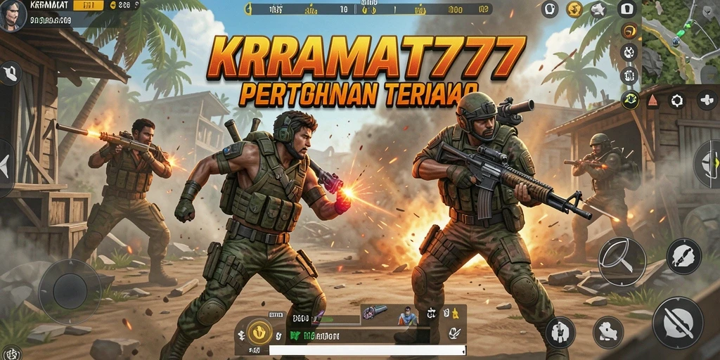 Screenshot utama KRAMAT77 menampilkan aksi seru dalam pertempuran Battle Royale.