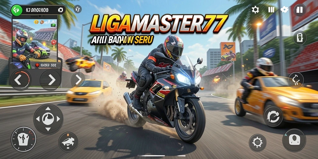 Gameplay LIGAMASTER77 menunjukkan aksi balapan motor yang menegangkan.