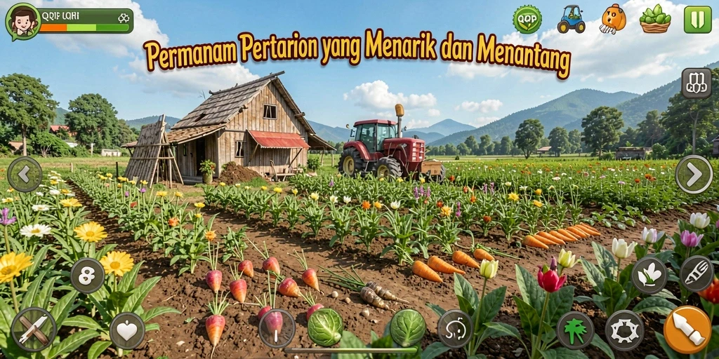 Screenshot permainan QQRP menampilkan kegiatan bertani yang seru dan dinamis.